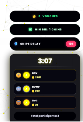 Ixon Auction Board overlay running live on a TikTok LIVE stream: vouches, minimum bid, snipe delay, round timer and bidder standings
